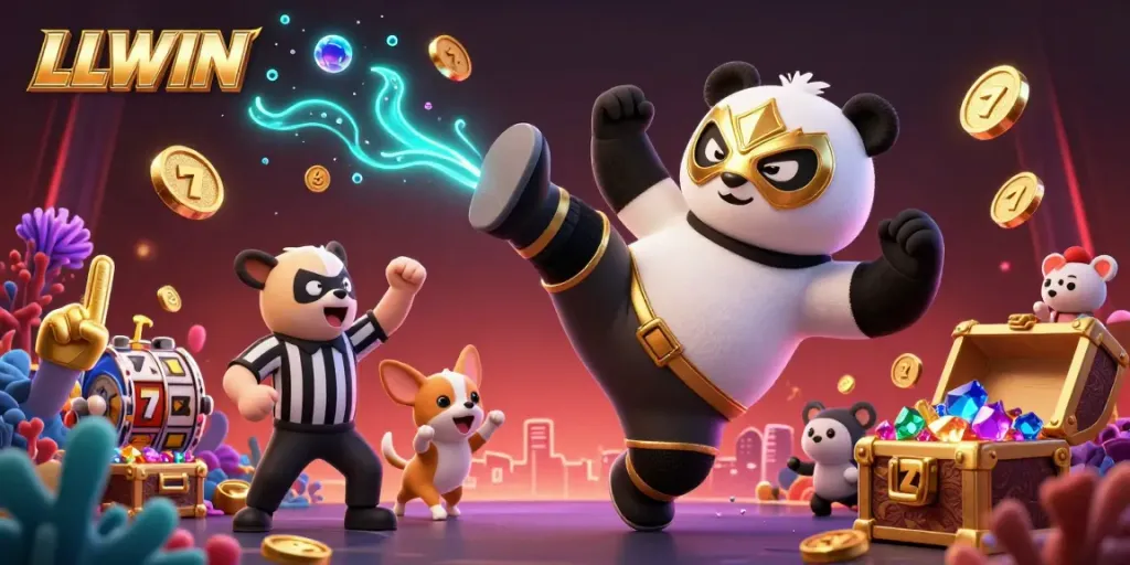 Experience exciting actions at LLWIN with a cartoon panda wrestler kicking while animals cheer in a vibrant casino scene.