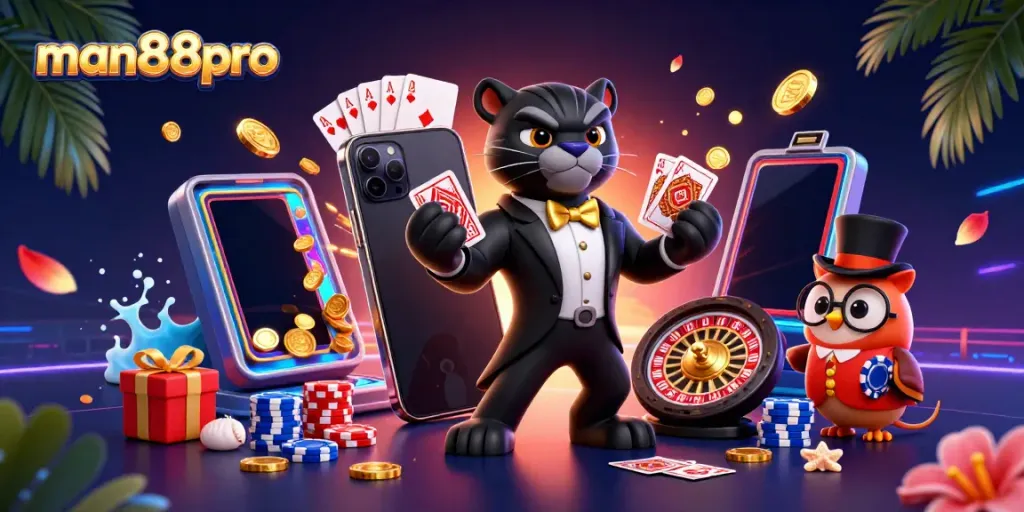 Engage in thrilling gaming at man88pro with an elegant black panther dealer and charming characters amidst vibrant casino elements.