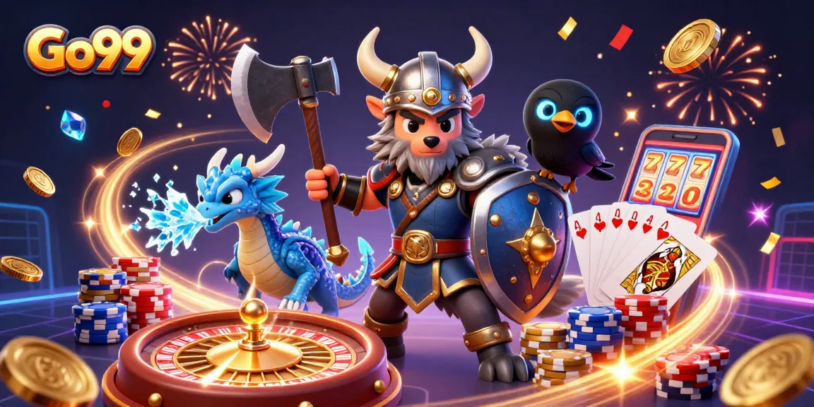 Experience thrilling gameplay with Go99 featuring Viking warrior, dragon, and vibrant casino elements.