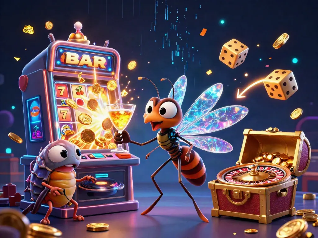 Engaging scene showcasing sunwin chính hãng with a frozen mosquito mascot, tournament DJ, and dynamic gaming symbols.