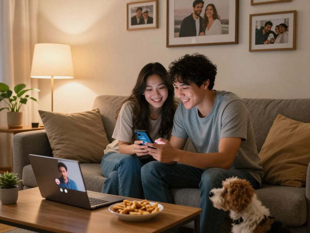 Couple engaging with https://f168.dating/ app in cozy home setting, showcasing romantic atmosphere and warmth.
