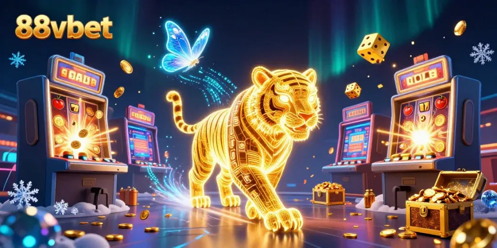 Experience excitement at 88vbet with a vibrant 3D illustration of slot machines, tiger, and casino elements.