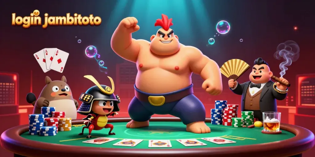 Experience thrilling betting action with login jambitoto featuring a sumo wrestler rooster, samurai cricket, and poker excitement.