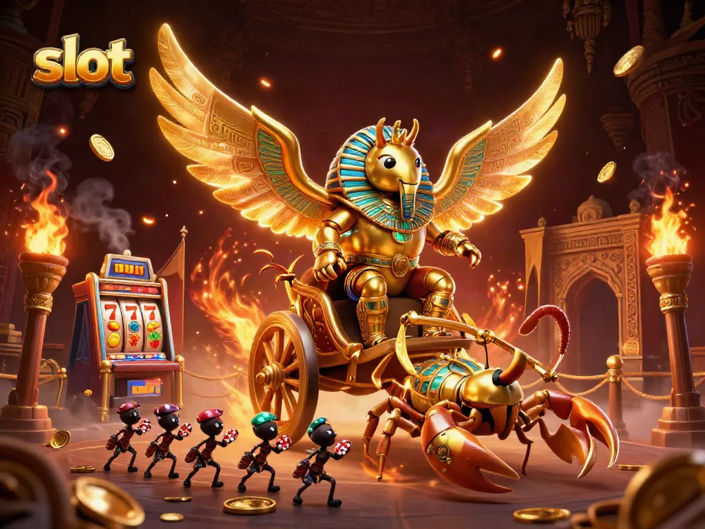 Experience thrilling slot adventures with a golden scarab beetle leading a dynamic chariot in an electrifying casino scene.