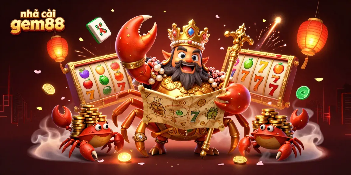 Engage with nhà cái gem88's vibrant casino universe featuring the royal crab and slot reels.