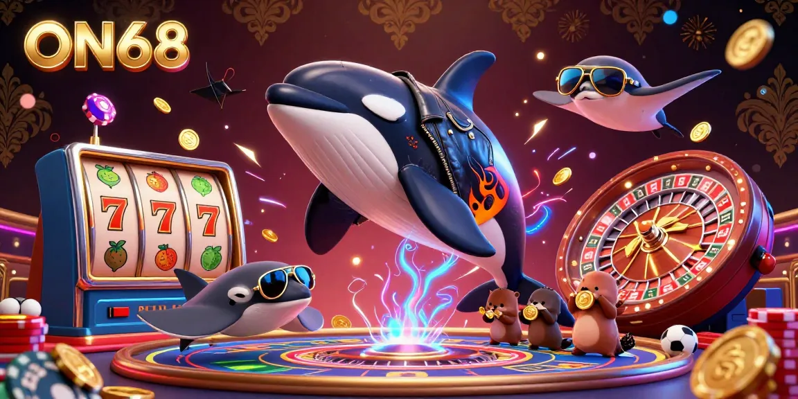 Engage with ON68's casino experience illustrated in a vibrant 3D scene featuring an orca and otters.