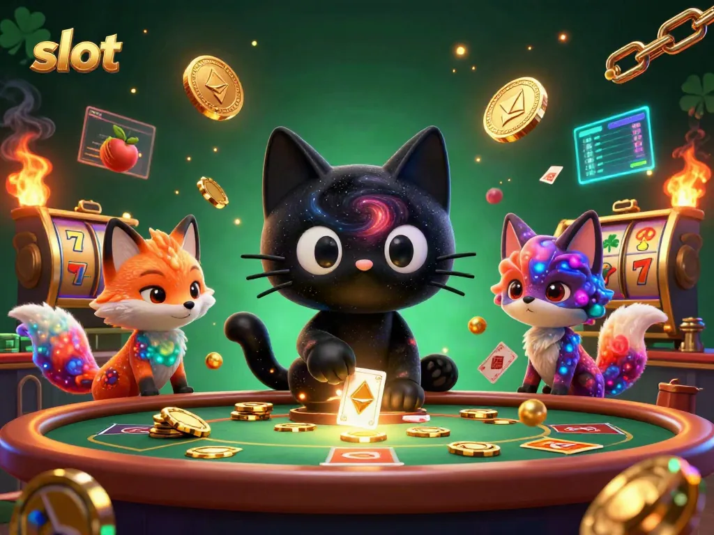 Experience thrilling slot games at a cosmic casino featuring a black hole cat and colorful fox.