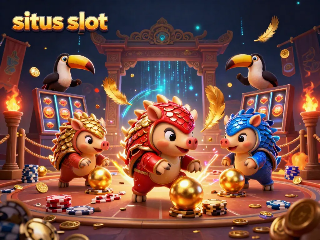 Engaging 3D scene showcasing situs slot excitement with two rival pangolins and vibrant casino elements.