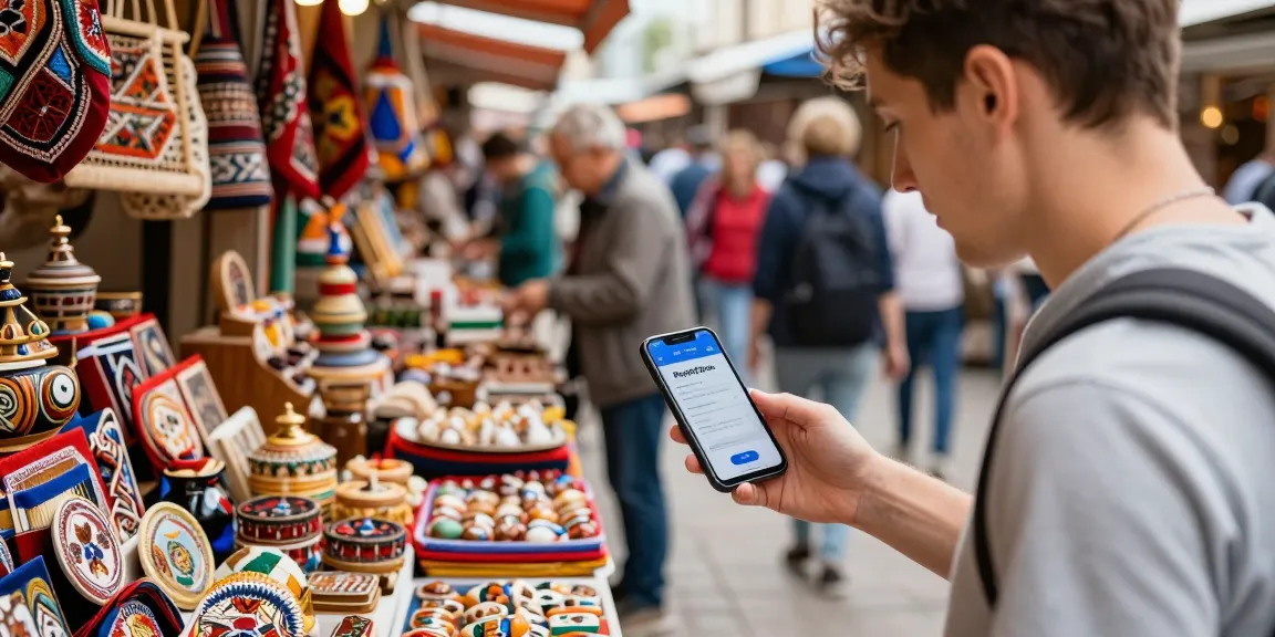 Betaal eenvoudig met https://payinrussia.com/ in een drukke Russische markt, met kleurrijke kraampjes en blije reizigers.