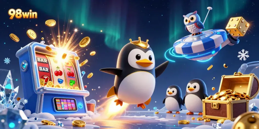 Spin the slots with 98win's dynamic 3D illustration featuring a golden penguin and casino elements.