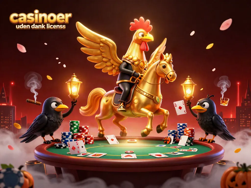 Join the excitement at casinoer uden dansk licens with a dazzling scene of the golden rooster and gambling elements.