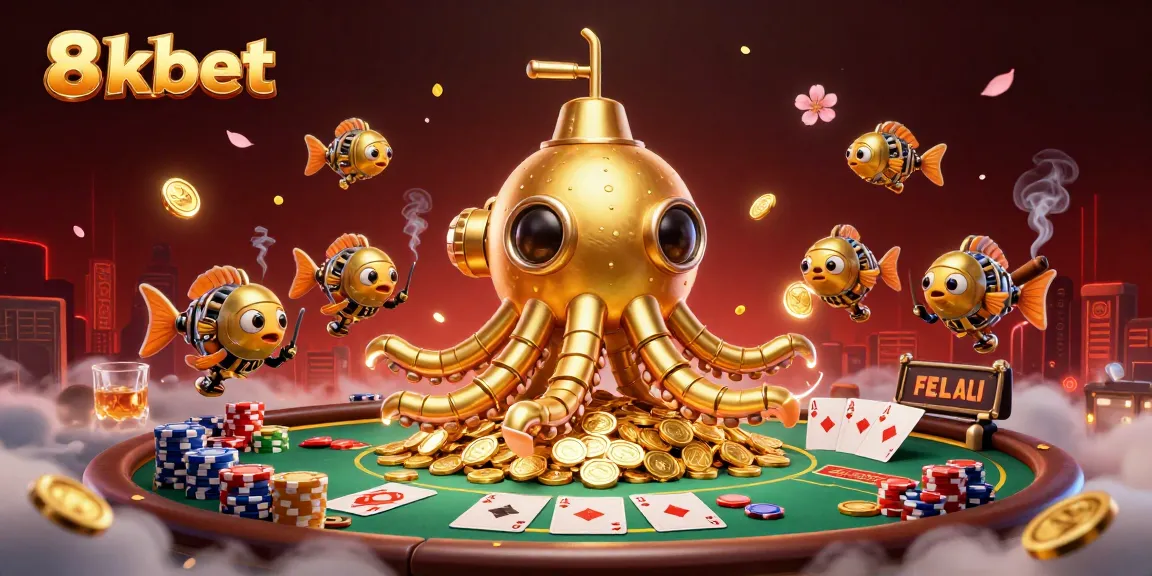 Experience thrilling wins at 8xbet with a dynamic casino scene featuring card tables and golden kraken!
