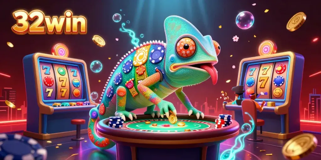 Experience thrilling wins at 32win with a dynamic casino illustration featuring an eccentric chameleon owner and vibrant gaming elements.