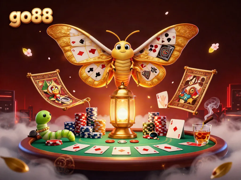 Experience the excitement of go88 with a vibrant casino scene featuring a majestic moth, golden lantern, and poker elements.