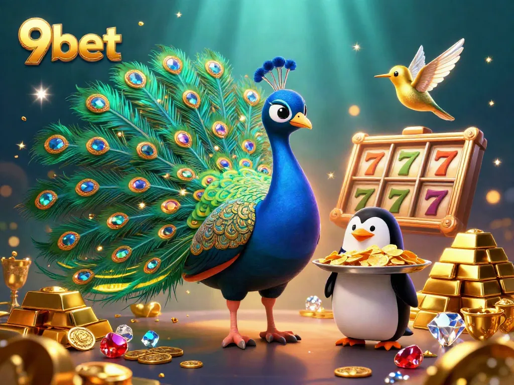 Experience the thrilling world of 9bet with a vibrant casino scene featuring a stylish peacock and treasure elements.