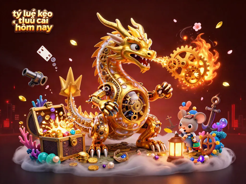 Engage with tỷ lệ kèo nhà cái hôm nay through an epic 3D illustration featuring a golden dragon and dynamic game elements.