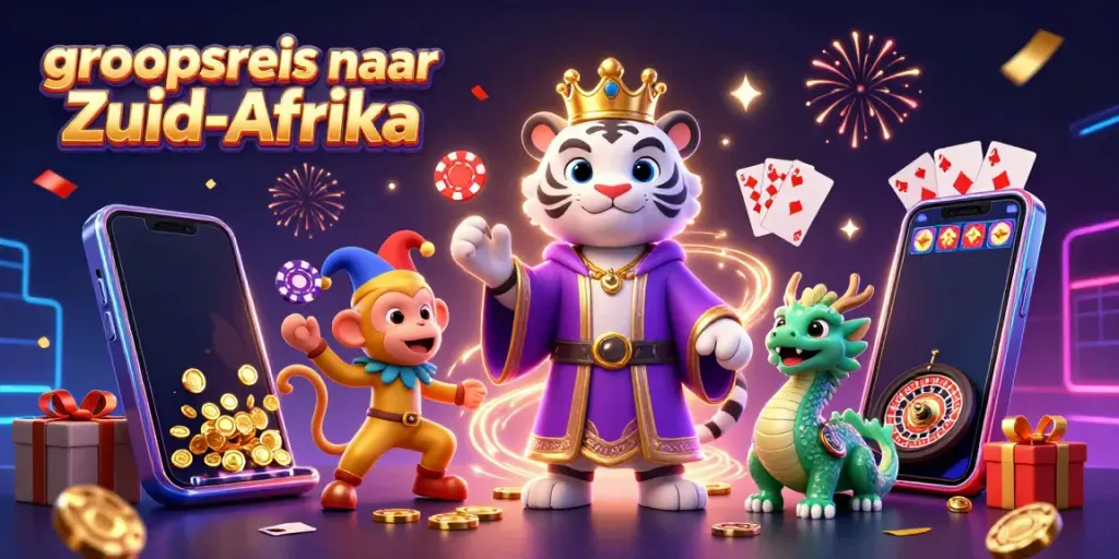 Een dynamische scène van een groepsreis naar Zuid-Afrika met een elegante tijger, een speelse aap en een levensgrote draak die samen in een gokomgeving zijn.