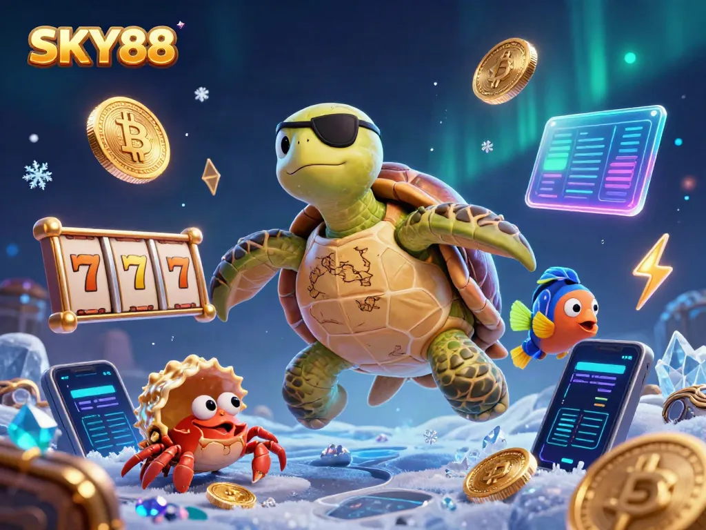 Engage in thrilling casino action with SKY88, featuring vibrant characters and dynamic slot elements.