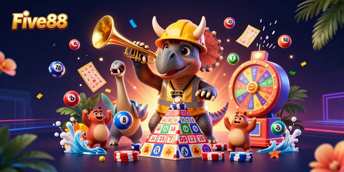 Engage with the Five88 casino as a triceratops builds poker chip towers amidst dynamic gaming elements.