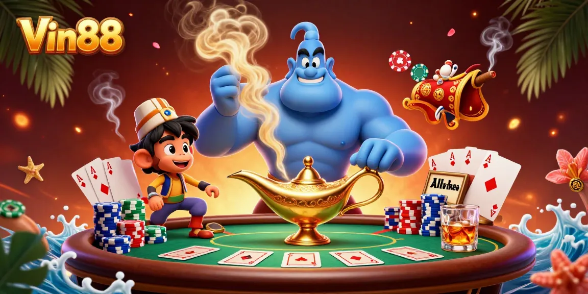 Engage in exciting games at Vin88 featuring a lively scene with characters and casino elements.