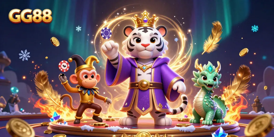 Experience the excitement of GG88 with lively gaming characters and rich casino elements in a dazzling scene.