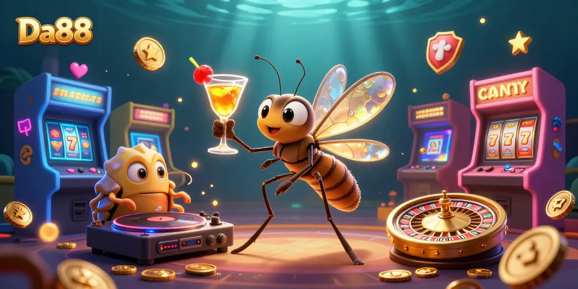 Experience thrilling gameplay at Da88 with unique casino mascots, golden roulette wheels, and vibrant arcade elements.