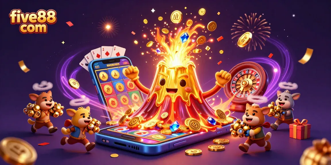 Experience the thrill of winning with five88 com at a vibrant digital casino scene featuring a golden volcano and treasure.