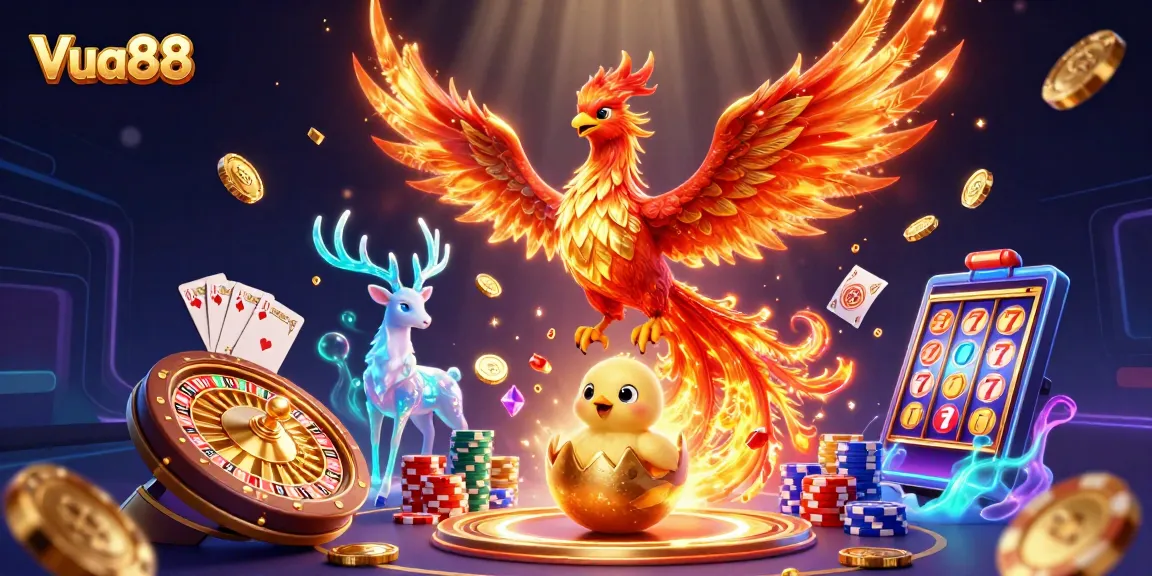 Experience vibrant gameplay at Vua88 with a stunning 3D illustration of a phoenix, gold coins, and casino elements.
