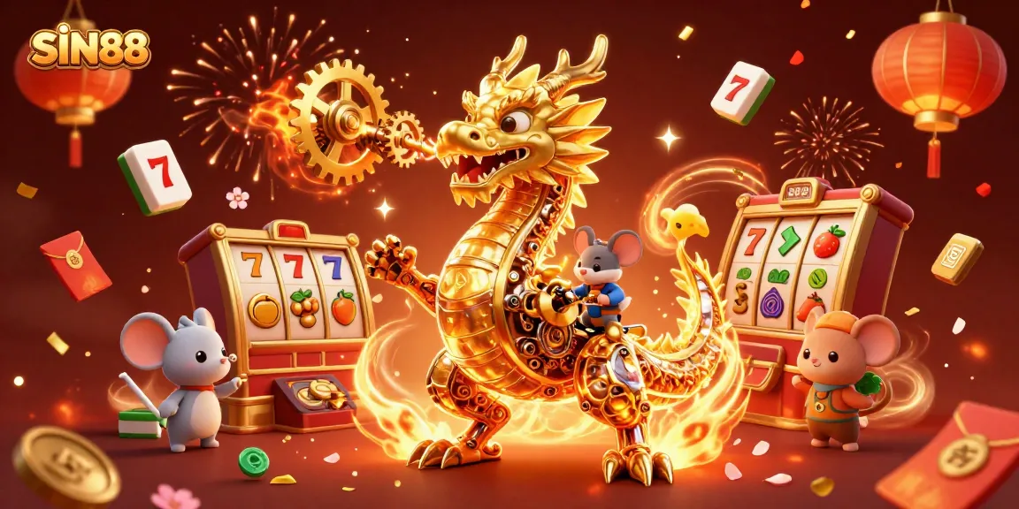 SIN88 reveals an exciting world of slots, showcasing a golden dragon amidst dynamic game elements and festive decorations.