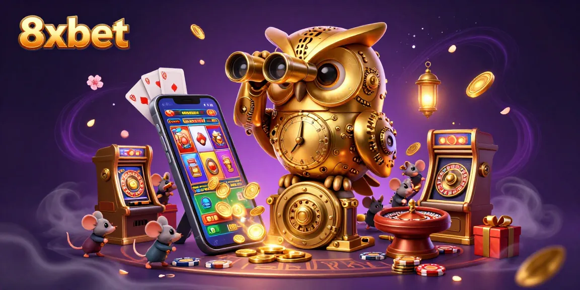 Experience thrilling moments at 8xbet with a dynamic casino illustration featuring an owl and lucky patrons.