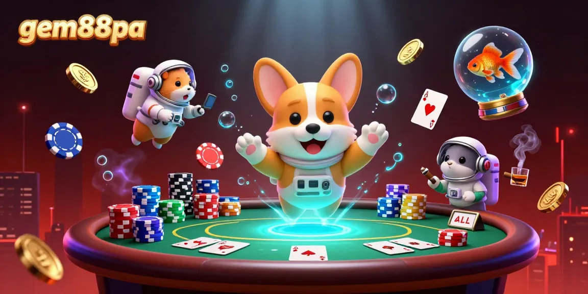 Experience gem88pa’s vibrant casino scene with a floating corgi astronaut and glowing poker elements.