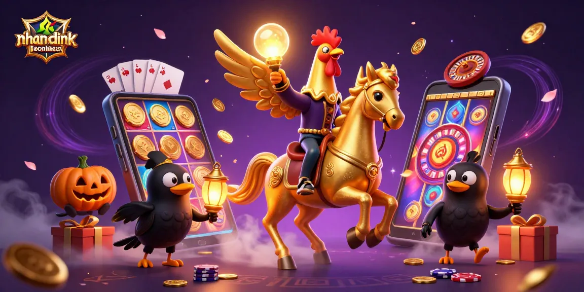 Bet on nhandinhkeonhacai with dynamic 3D illustration of a golden rooster and casino elements.