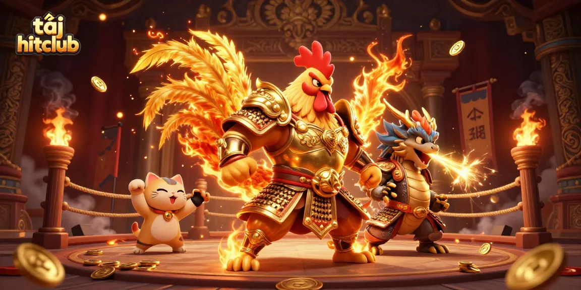 Tải hitclub and unleash your gaming strategy with a dynamic 3D illustration featuring a fierce rooster warrior and dragon hatchling.