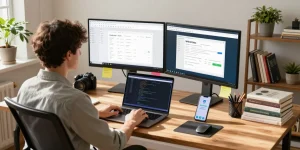 Download WPS Office on a dual-monitor setup in a cozy home office