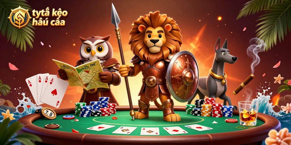 Engage with tỷ lệ kèo nhà cái visualizing a dynamic betting scene with heroic characters and poker elements.
