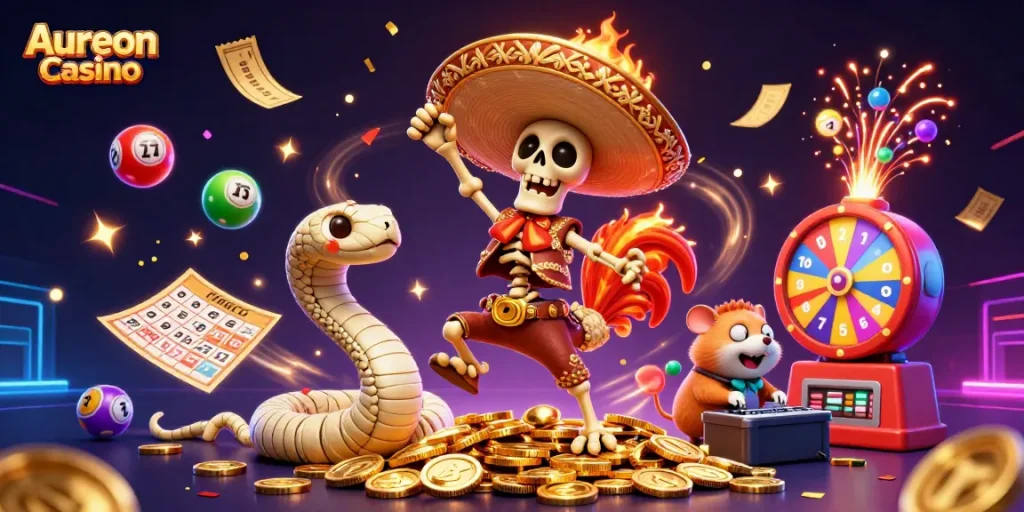 Aureon Casino offers vibrant excitement with a festive victory dance scene featuring colorful lottery elements.