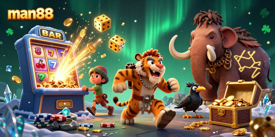 Experience thrilling wins with man88 as cavemen and a tiger run a prehistoric casino.