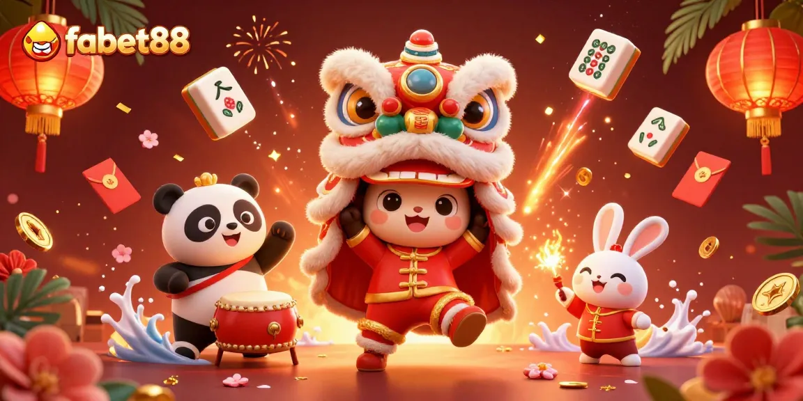 Experience vibrant action with fabet88 in a lively lion dance scene filled with casino elements.