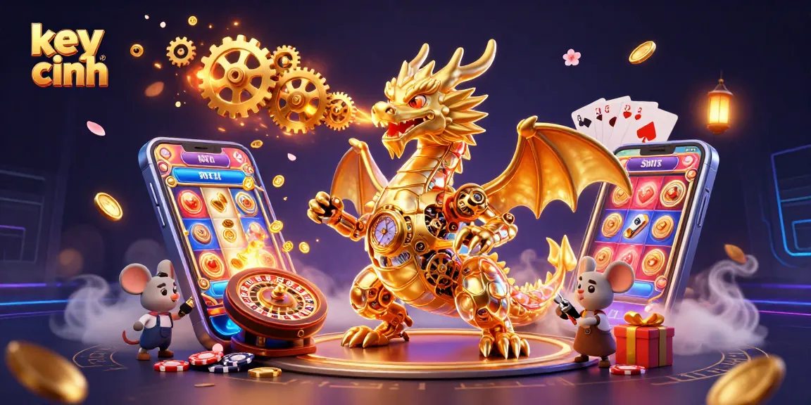Key chính showcases a golden dragon and a mouse engineer in a vibrant casino scene.