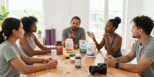 Gezonde productpresentatie bij Unique Pharma Shop met diverse individuen die voedingssupplementen verkennen.