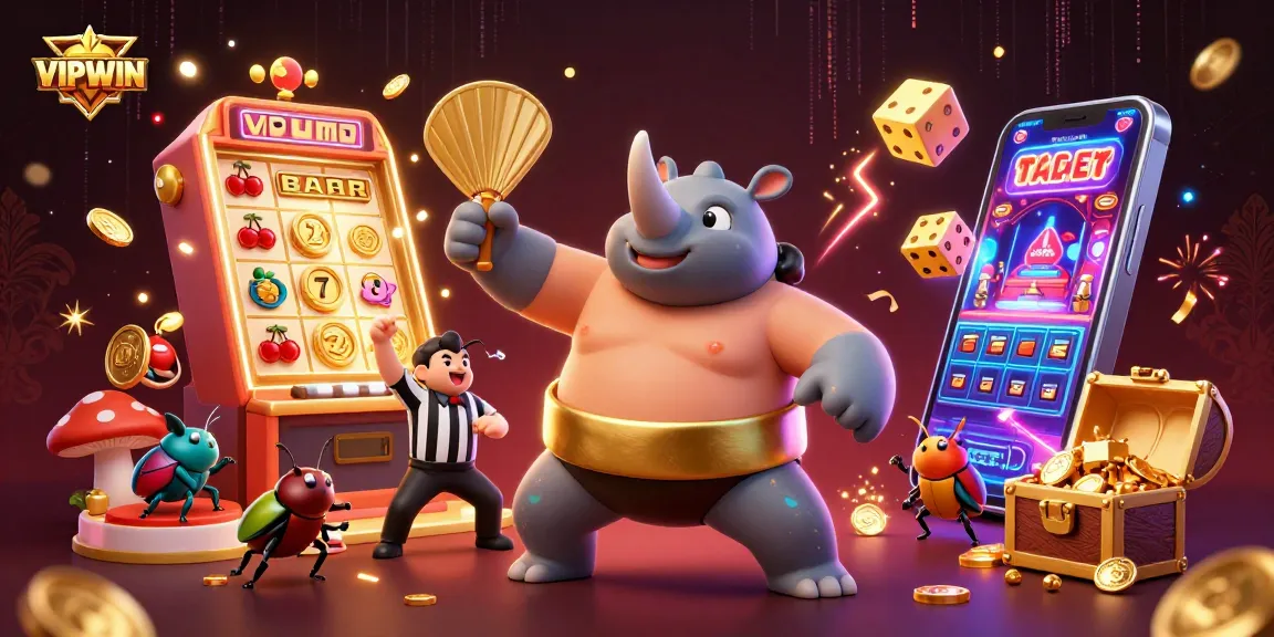 Experience excitement at VIPWIN with a cartoon sumo beetle champion amidst flying coins and dynamic casino action.