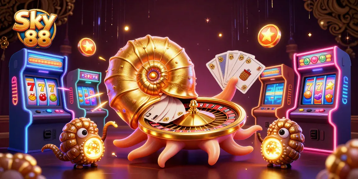 Experience the thrill of Sky 88 with an exciting casino scene featuring a unique ancient nautilus and glowing game machines.