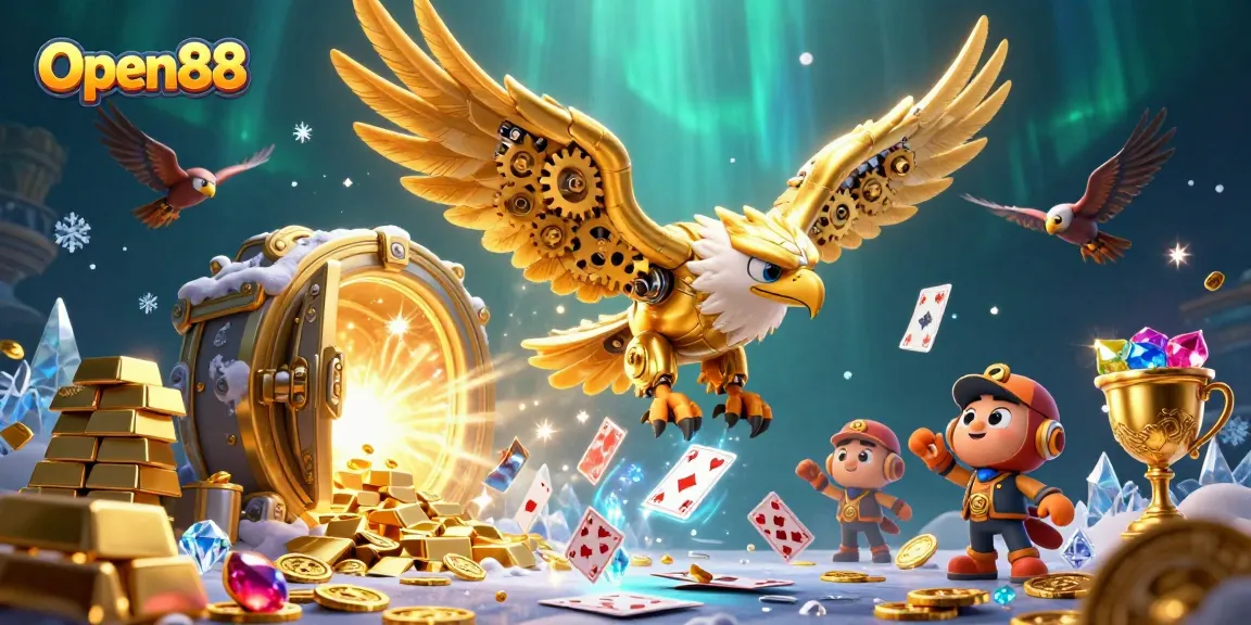 Engage with Open88’s gaming excitement featuring a golden eagle amidst holographic playing cards.
