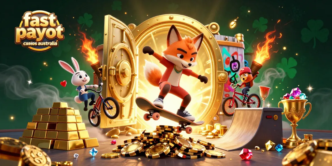 Experience the excitement of fast payout casinos Australia with vibrant casino-themed action and dynamic characters.