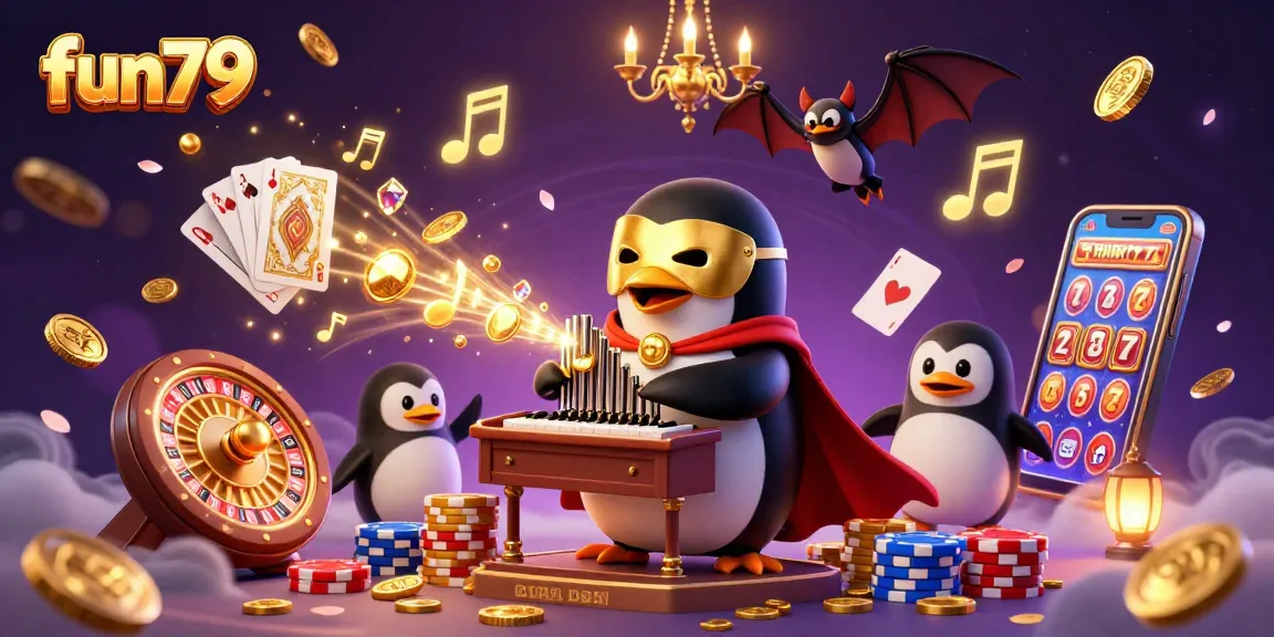 Experience fun79 with a dazzling penguin playing an organ, surrounded by casino excitement.