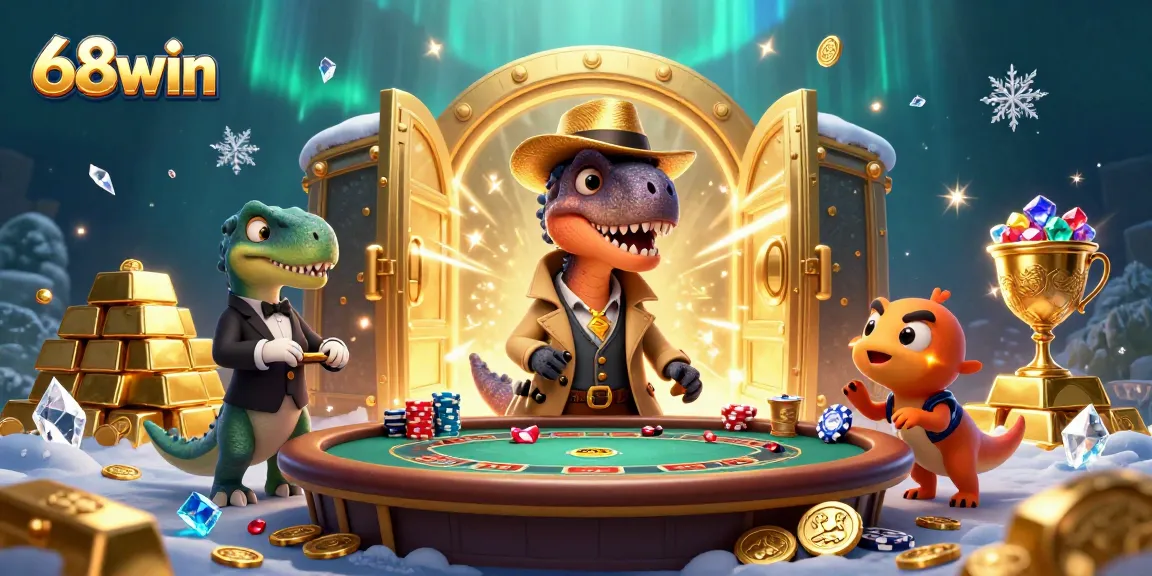 68win velociraptor card counter discreetly plays blackjack while treasures burst from a vault in an exciting casino scene.