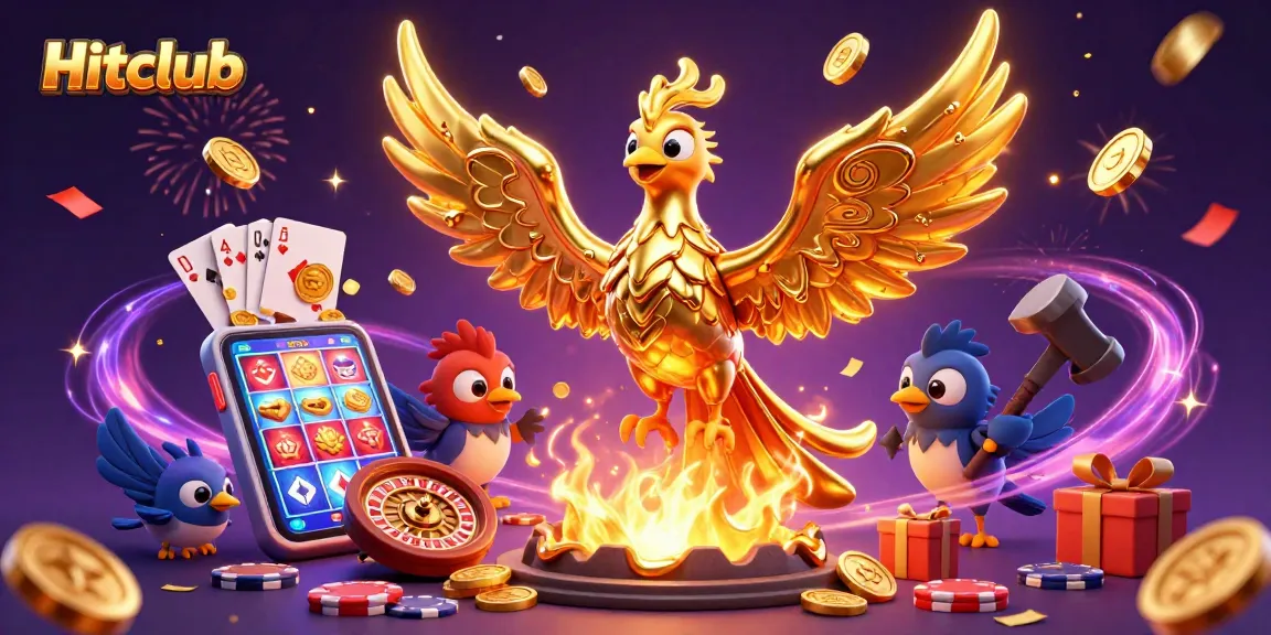 Experience exciting gameplay at Hitclub with a dynamic illustration of a golden phoenix releasing coins amidst various gambling elements.