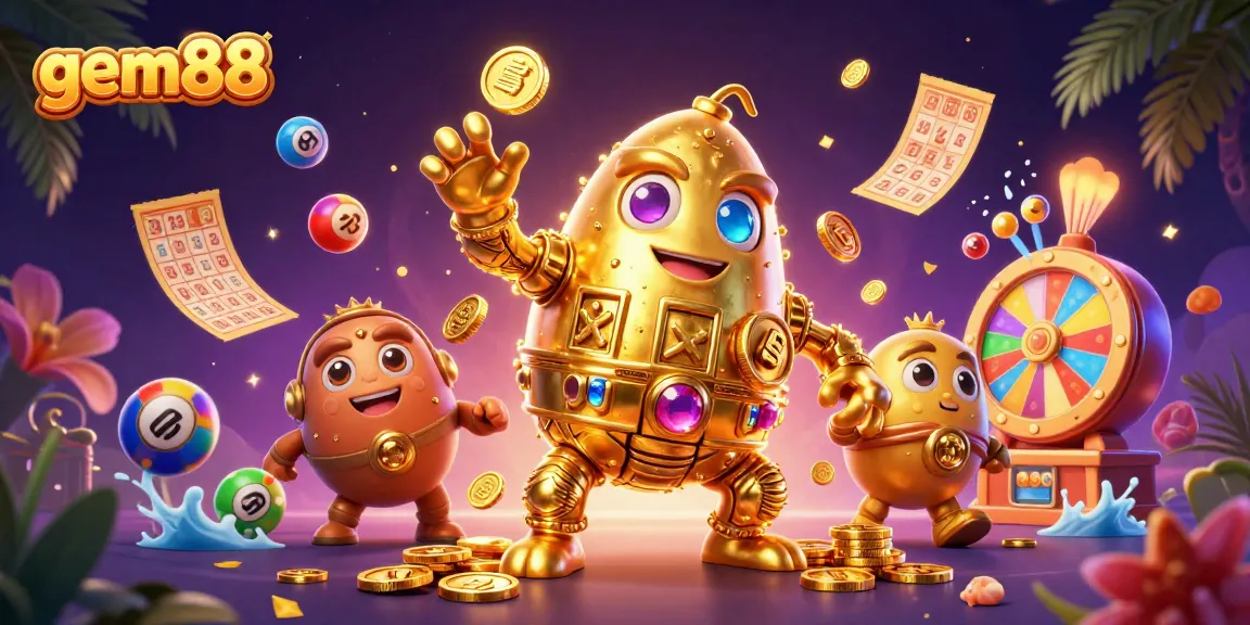 Play exciting games at gem88 with vibrant lottery elements and a golden golem centerpiece.