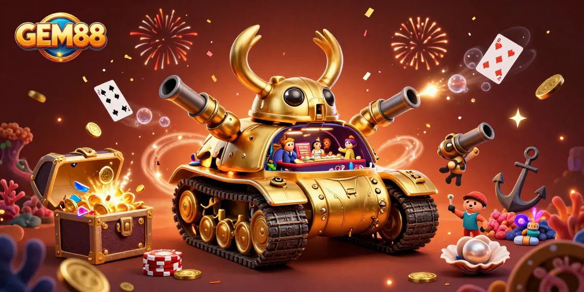 Experience GEM88 with a vibrant mini-casino scene featuring gold coins and confetti bursting from a tank.