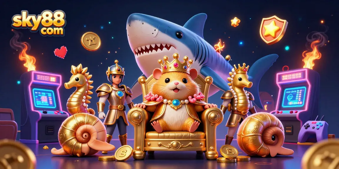 Experience thrilling gameplay with sky88 com's vibrant casino scene featuring a golden hamster king and game elements.